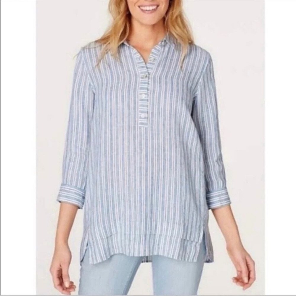 J. Jill Love Linen Tunic Women XL Blue White Striped Henley 100% Linen Excellent
